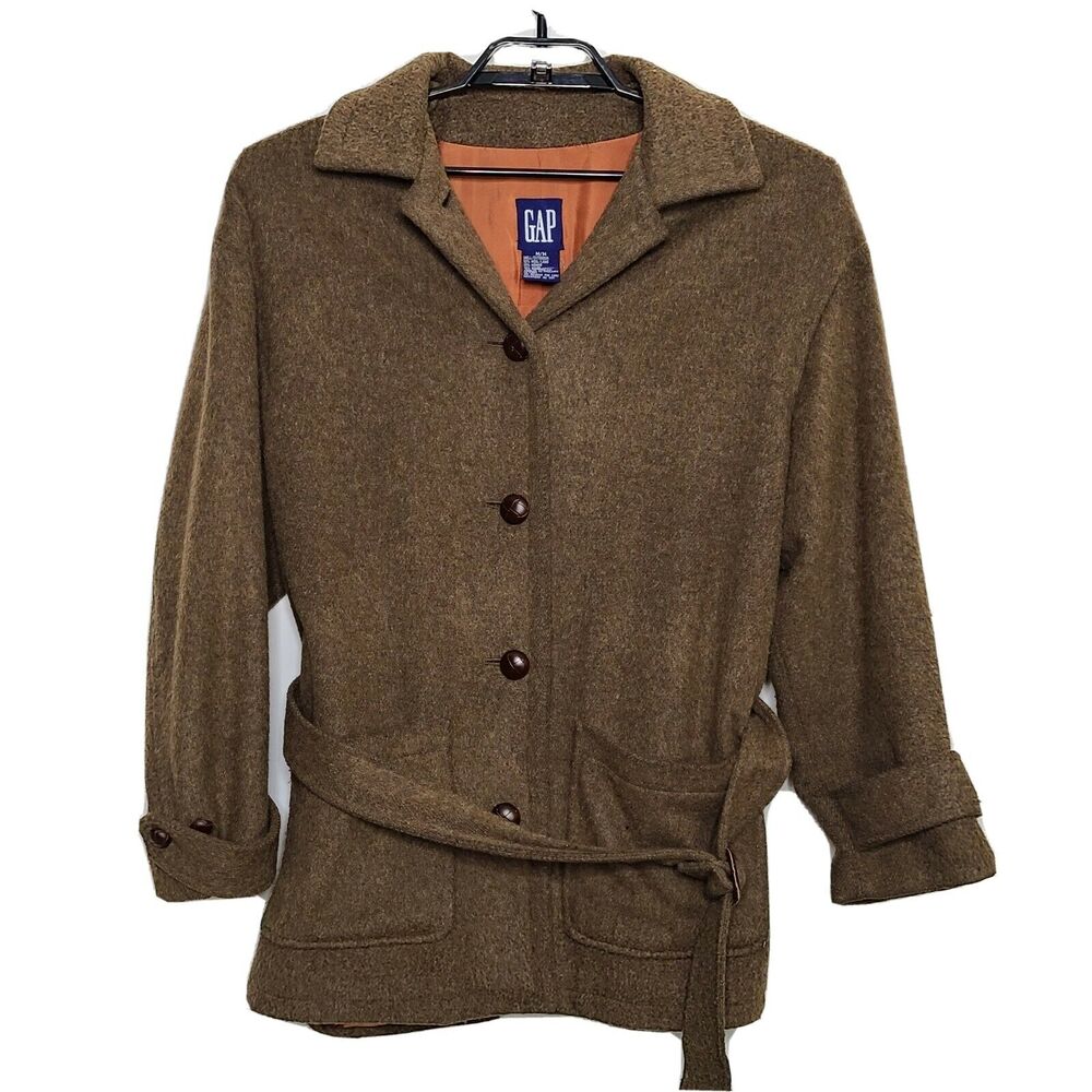 Gap Mohair Pea Coat SZ Medium Brown Button Front Belted